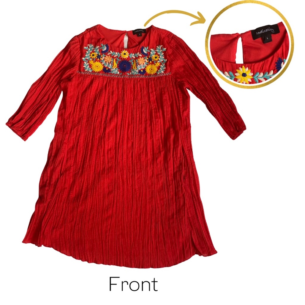 Indication Red/Orange Pleated Dress with Embroidery, Size: Large